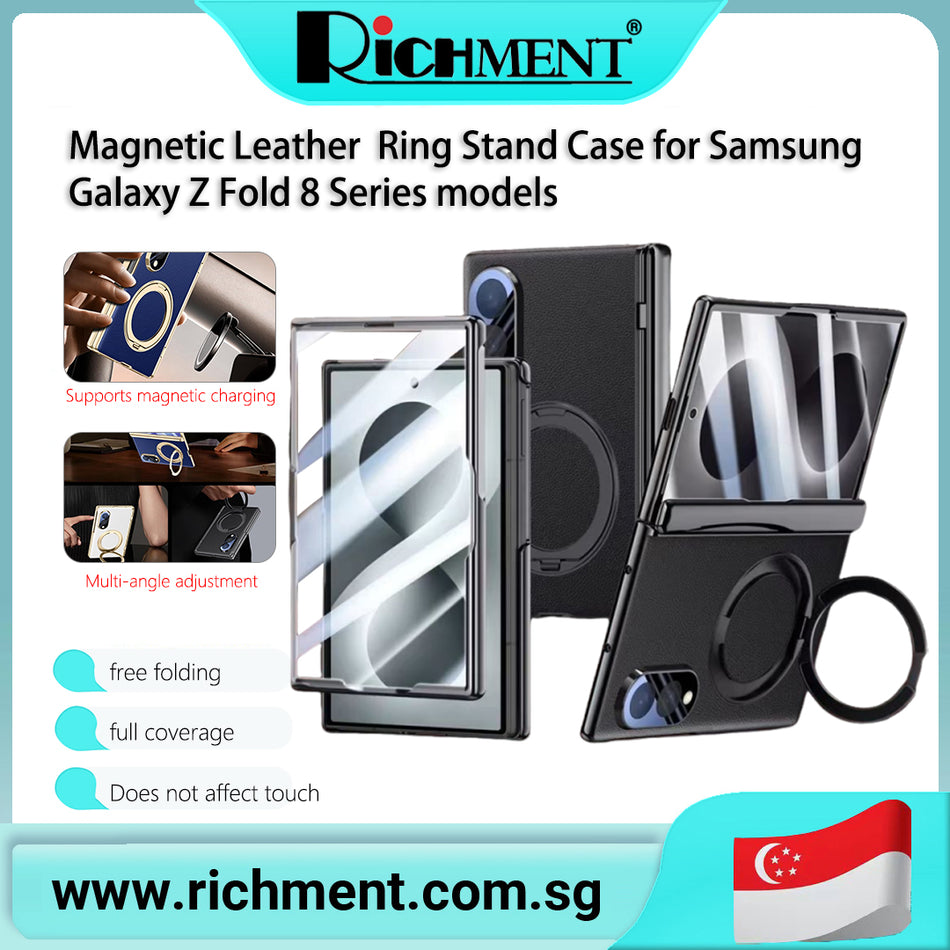 【✅SG Brand🔥】RICHMENT Magnetic Leather HD Clear/Privacy Case Rotating Ring Stand Wireless Charging Compatible Built-in Screen Protector, Hinge Protection for Samsung Galaxy Z Fold 8/Samsung Galaxy Z Fold8 Ultra