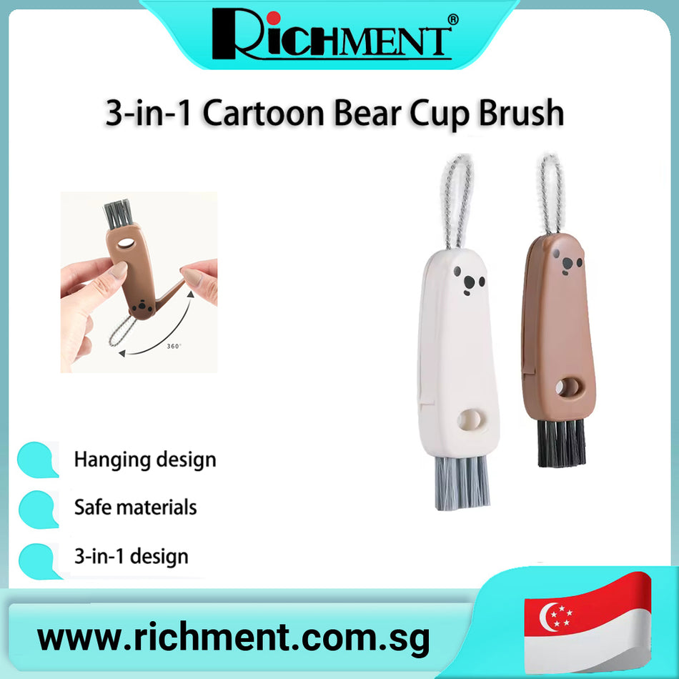 【✅SG Brand🔥】RICHMENT 3 in 1 Cup Lid Gap Cleaning Brush Multifunctional Bottle Cleaning Brush for Water Bottle Cup Lid Gap for Gaps of Various Containers (Brown White（Bear）Gifts for Boys & Girls, Mother, Father, Grandparents, Birthday, Christmas