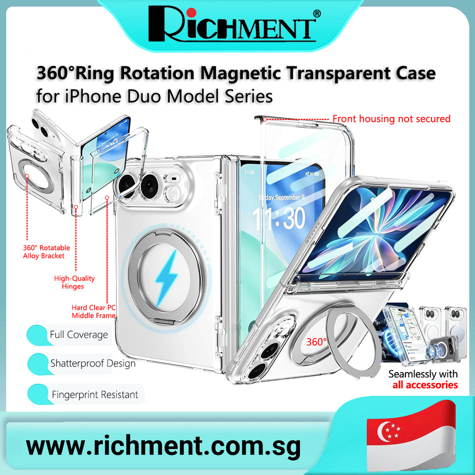 【✅SG Brand🔥】RICHMENT 360°Rotation Ring Stand Transparent  Hinge Protection Full-Body magnetic case for iPhone Duo nti-Fingerprint, Full Coverage Design, Bubble-Free Application
