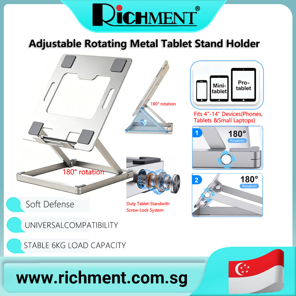 【✅SG Brand🔥】RICHMENT Aluminium alloy Phone Holder Stand Mobile Smartphone Support Tablet Desk Portable for iPad/Tablets Suitable for all devices with screen sizes ranging from 4 inches to 14 inches