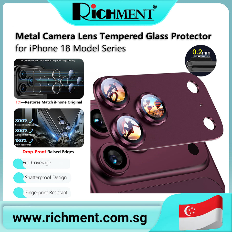 【✅SG Brand🔥】RICHMENT Metal Ring Armor Camera Lens Film Lens Tempered Glass Protector For iPhone 18/ 18 Pro/18 Pro Max Anti-Fingerprint, Full Coverage Design, Bubble-Free Application
