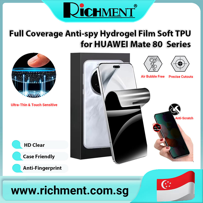 【✅SG Brand🔥】RICHMENT Full Coverage Anti-Spy Hydrogel Film Soft TPU Screen Protector for HUAWEI Mate 80/Mate 80 Pro Max/Mate 80RS with Privacy Hydrogel Film, Nano Self-Healing Anti-Fingerprint Waterproof Bubble-Free Case Friendly