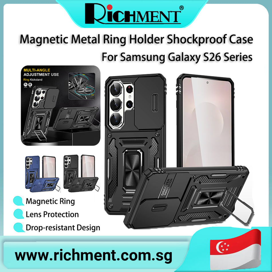 【✅SG Brand🔥】RICHMENT Built in Slide Camera Lens Cover+Screen Protector+Finger Ring Holder Kickstand,Heavy Duty Shockproof Full Body Phone Cover   for Samsung galaxy S26