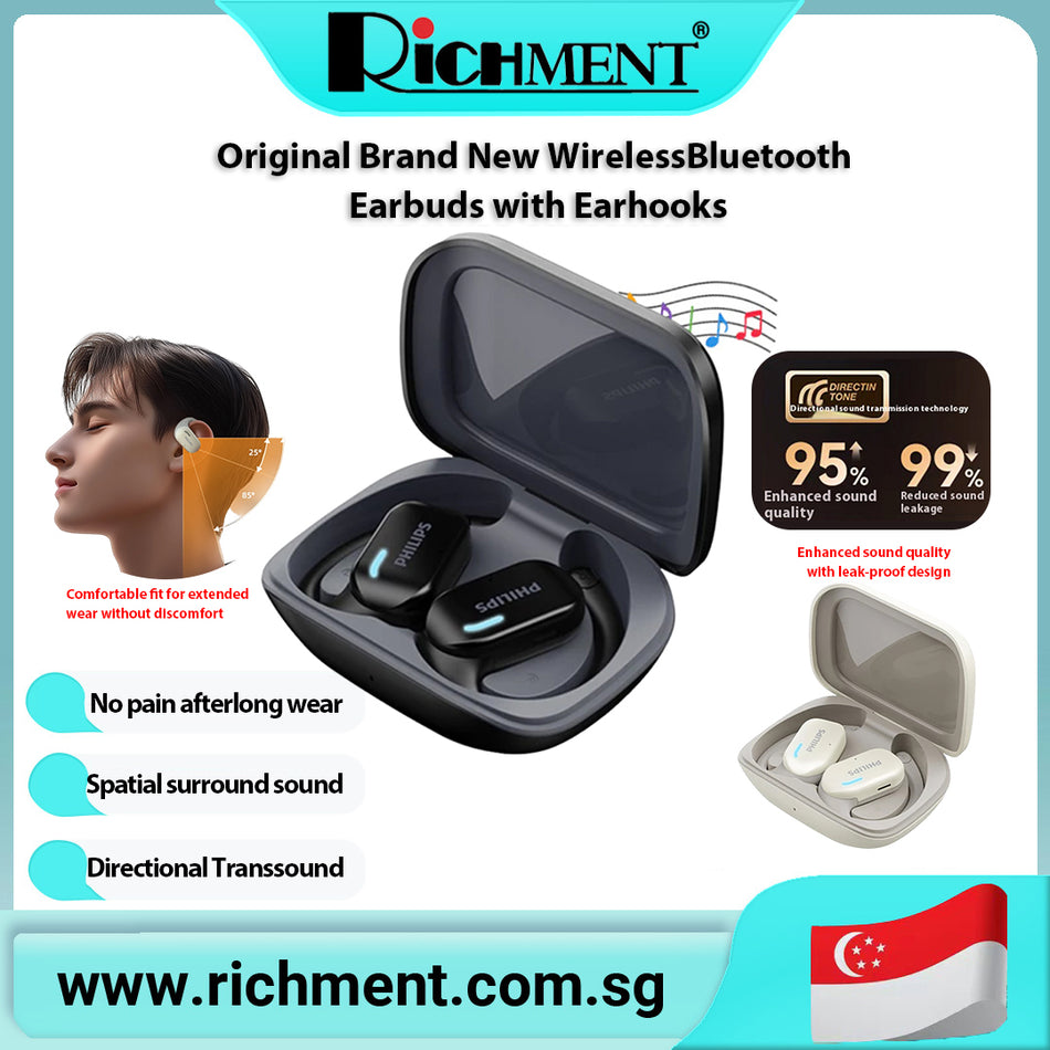 【✅SG Brand🔥】RICHMENT Original Brand New Wireless Bluetooth Earbuds with Earhooks True Wireless Earbuds,Spatial surround sound，Bluetooth 5.4, Active Noise Cancelling, AI Mic Clear Calls, Dynamic Bass, 23H Battery, IPX4 Water Resistant