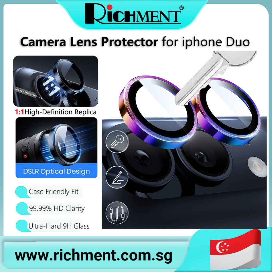 【✅SG Brand🔥】RICHMENT CD Pattern 9H Hardness Scratch Resistant Ultra-Hard Tempered Glass 2 Lens Protector for iPhone Duo 24-Hour Self-Healing, HD Clarity, Anti-Fingerprint, Full Coverage Design, Bubble-Free Application