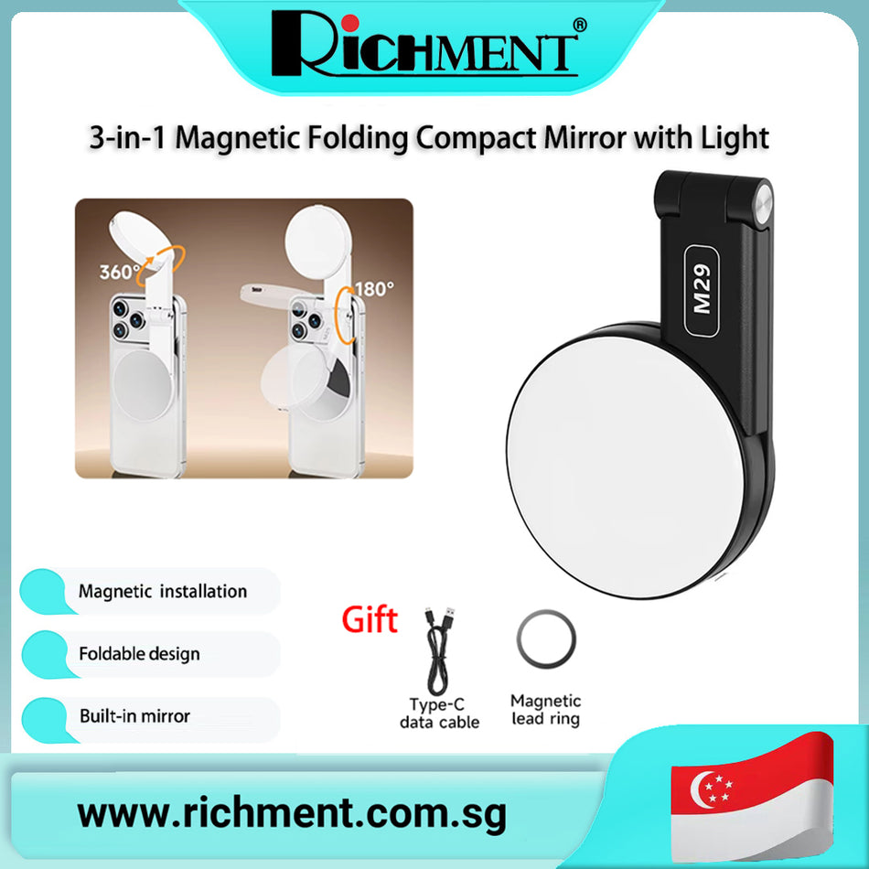 【✅SG Brand🔥】RICHMENT 3-in-1  Magnetic Folding Makeup Mirror with Light, ideal for video filming and travel, compatible with iPhone and most smartphones.