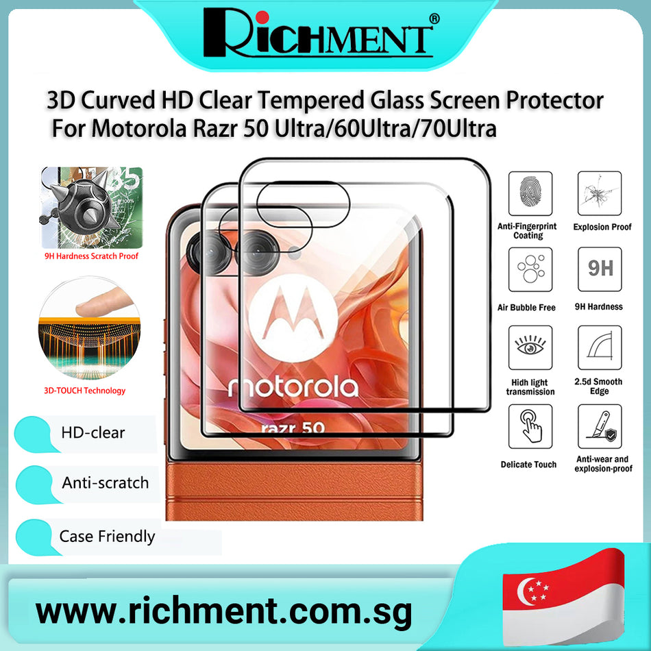 【✅SG Brand🔥】RICHMENT 3D Curved HD Clear Tempered Glass Screen Protector Full Cover Film for Motorola Razr 50 Ultra/Motorola Razr 60 Ultra/Motorola Razr 70 Ultra