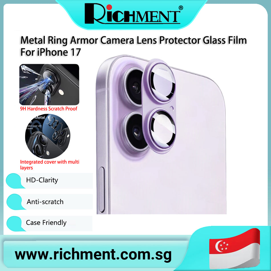 【✅SG Brand🔥】RICHMENT Metal Aluminum Alloy Ring Armor Full-coverage Tempered Glass Camera LensTempered Glass Protector for iPhone 17