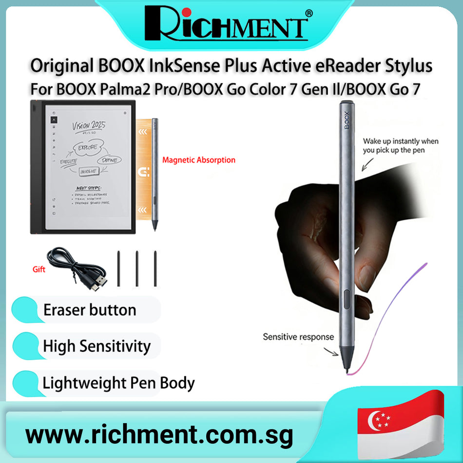 【✅SG Brand🔥】RICHMENT Original BOOX InkSense Plus Active Stylus Pen for BOOX eReader (Palma2 Pro / Go Color 7 Gen II / BOOX Go 7) with 4096 Pressure Sensitivity, Eraser Button, Type-C Charging, Lightweight Design