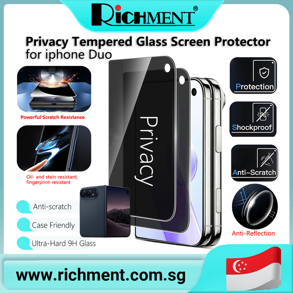 【✅SG Brand🔥】RICHMENT Privacy Full Coverage Unlock Tempered Glass Screen Protector for iPhone Duo 9H+ Anti-Scratch Ultra 24-Hour Self-Healing, HD Clarity, Anti-Fingerprint, Full Coverage Design, Bubble-Free Application