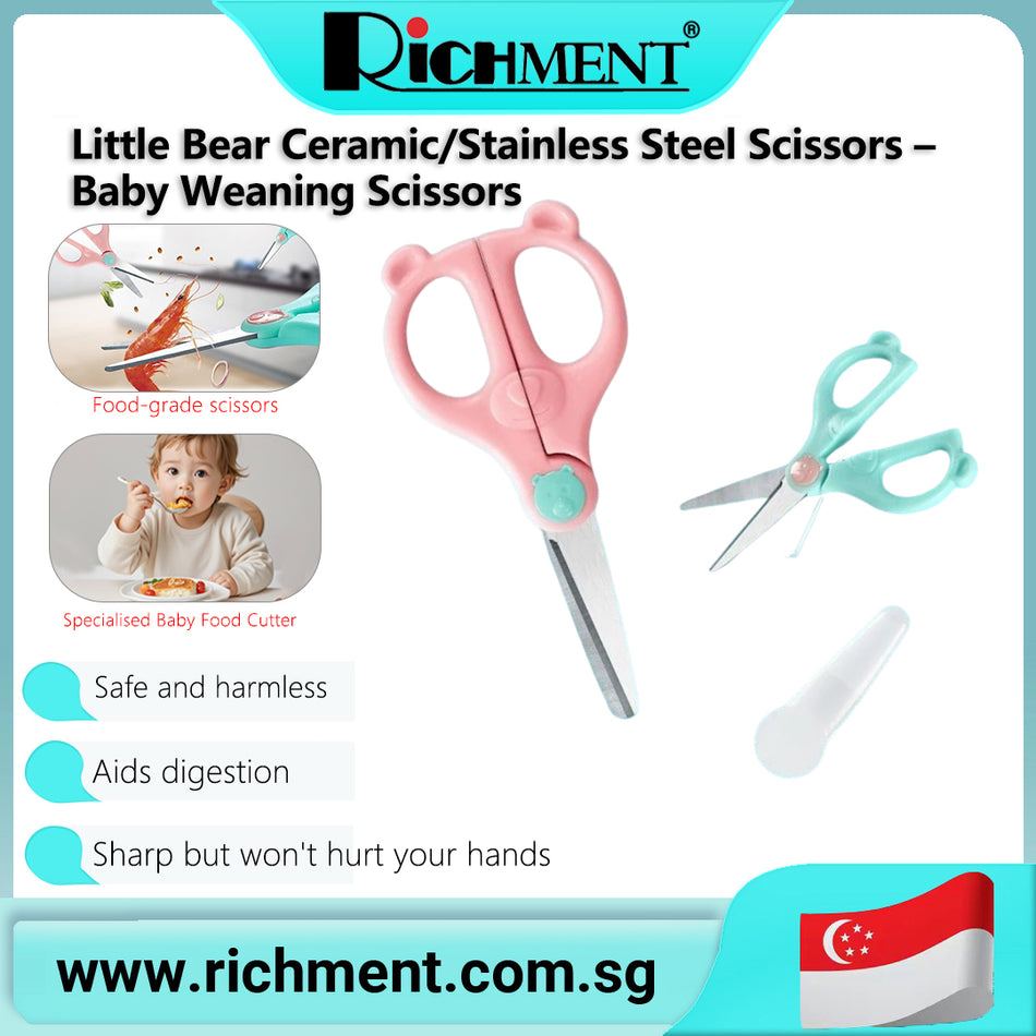 【✅SG Brand🔥】RICHMENT Children's Food Scissors Little Bear Ceramic/Stainless Steel Scissors Baby Complementary Food Specially designed for baby food – Baby gifts