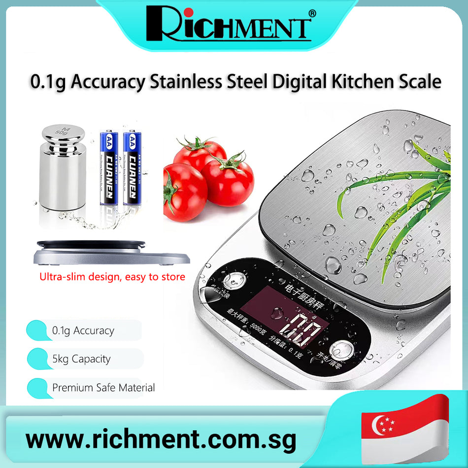 【✅SG Brand🔥】RICHMENT Electronic Digital Kitchen Scale High Accuracy Stainless Steel 0.1g/1g Weighing Scale with Backight  Designed specifically for the kitchen, with a built-in display