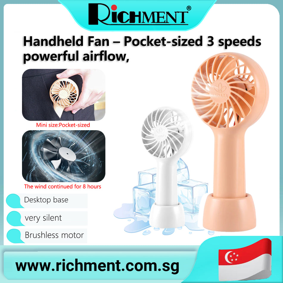 【✅SG Brand🔥】RICHMENT  F8 Handheld Fan Pocket-Sized 3 Speeds Strong Wind 12-Hour Battery with base for Travel Desk Gift