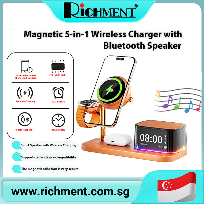 【✅SG Brand🔥】RICHMENT Portable Multi functional Wireless Charging Stand 5-in-1 Wireless Charger Qi2.2 Magnetic 25W with Bluetooth Speaker Golf, Beach, Homeware, Travel, Gift Ideas