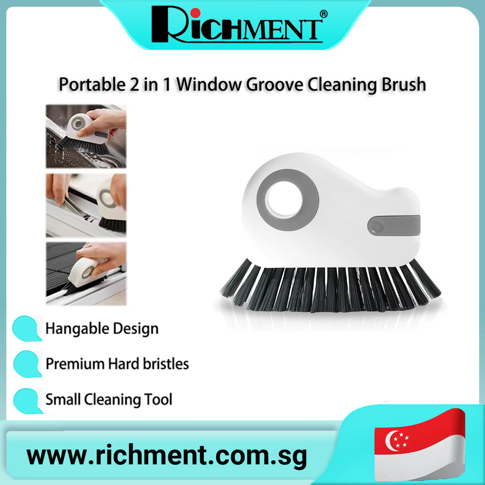 【✅SG Brand🔥】RICHMENT 2-in-1 Magic Window Track Cleaner Brush with Built-in Scraper, Curved Brush Head for Window Rails, Door Tracks & Narrow Gaps, Washable & Reusable