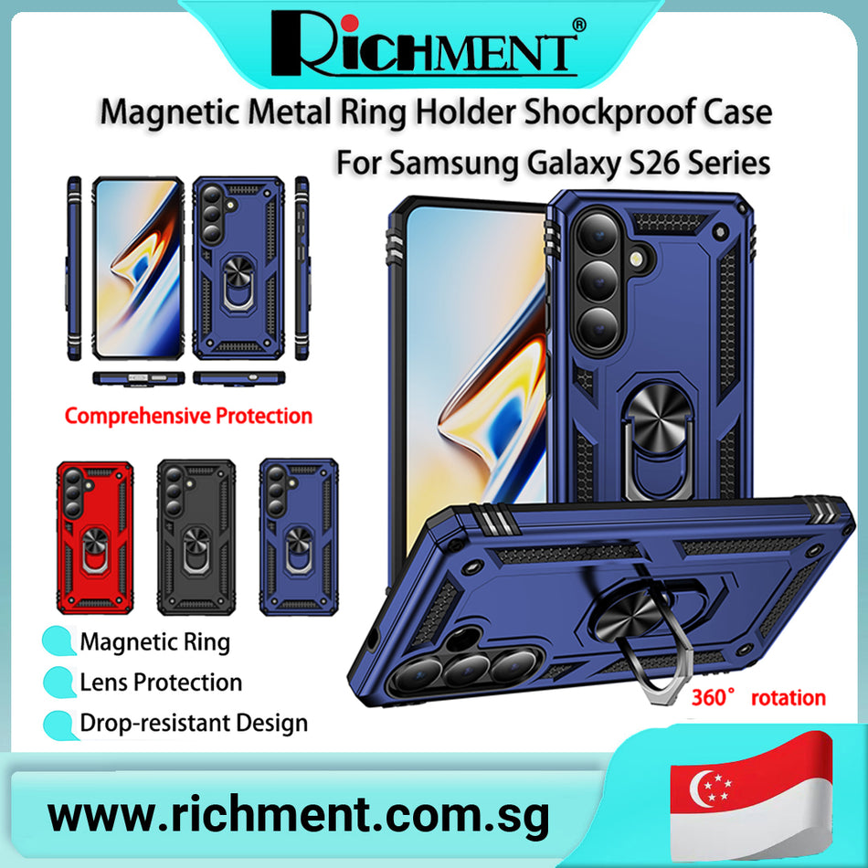 【✅SG Brand🔥】RICHMENT Case with Screen Protector, with Metal Ring Magnetic Kickstand Heavy Duty Military Grade Shockproof Rugged Protective Cover for Samsung Samsung S26