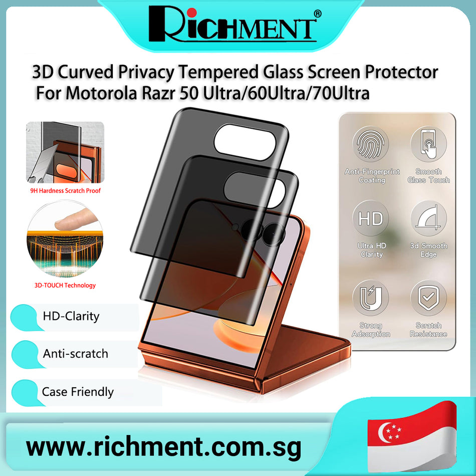 【✅SG Brand🔥】RICHMENT 3D Curved Privacy Tempered Glass Screen Protector Full Cover Film for Motorola Razr 50 Ultra/Motorola Razr 60 Ultra/Motorola Razr 70 Ultra