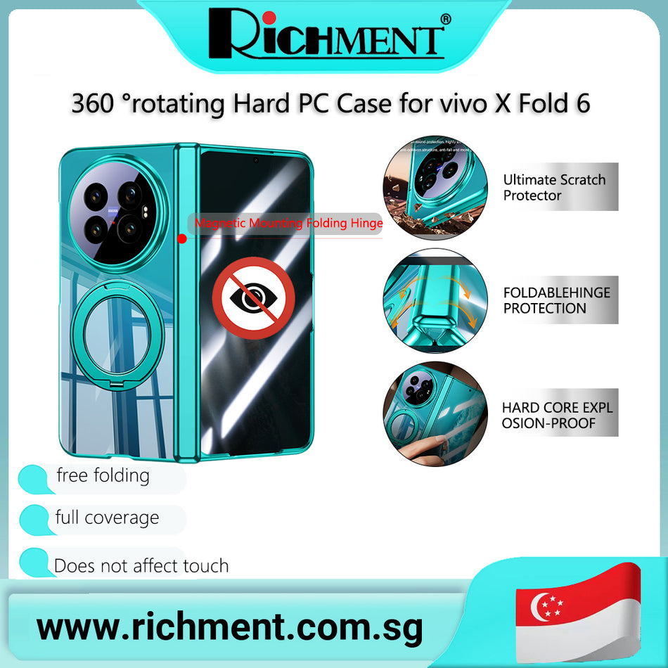 【✅SG Brand🔥】RICHMENT Hard PC plating Privacy transparent With Ring Stand hinge Full-Coverage Phone CasesFilm Protective Case For vivo X Fold 6