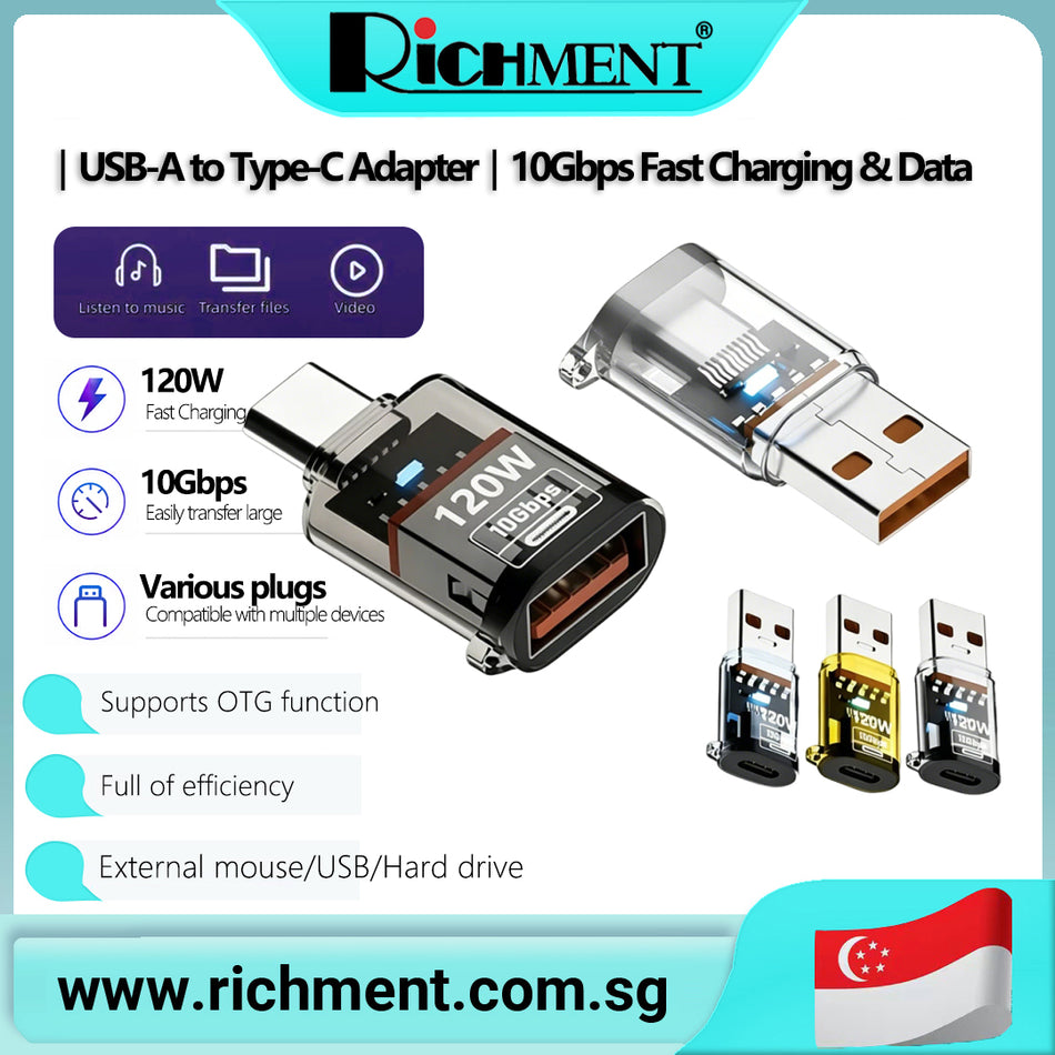 【✅SG Brand🔥】RICHMENT USB-A to Type-C Adapter 120W  To USB A 3.2 OTG Adapter To Fast Charging 10Gbps Fast Charging & Data  For travel use only Festive gifts